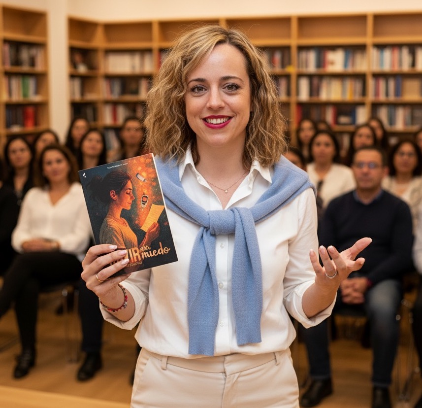 Sarai dando uno de sus talleres y apoyandose en su libro VIVIR SIN MIEDO. Herramienta para convivir con el miedo con cualquier patología crónica.