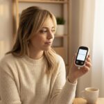 sarai rodriguez lecuna mirando el sensor de glucosa